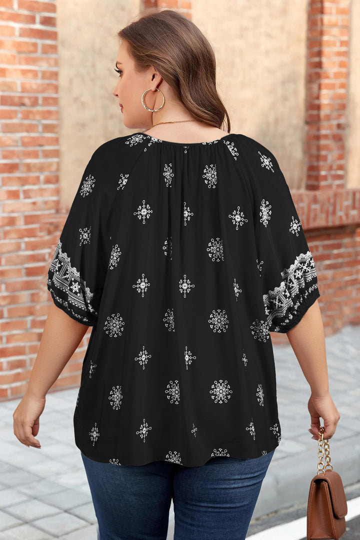 Black Boho Chic Notched V Neck Plus Floral Short Sleeve Top