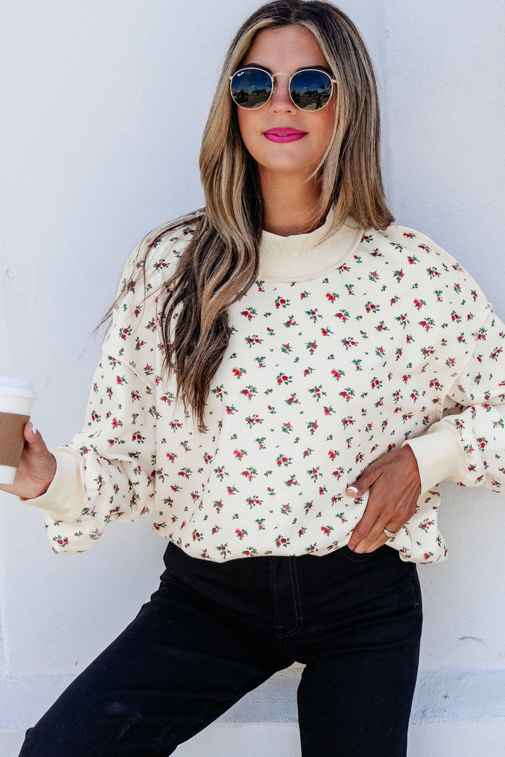 Beige Ribbed High Neck Floral Print Baggy Pullover Sweatshirt