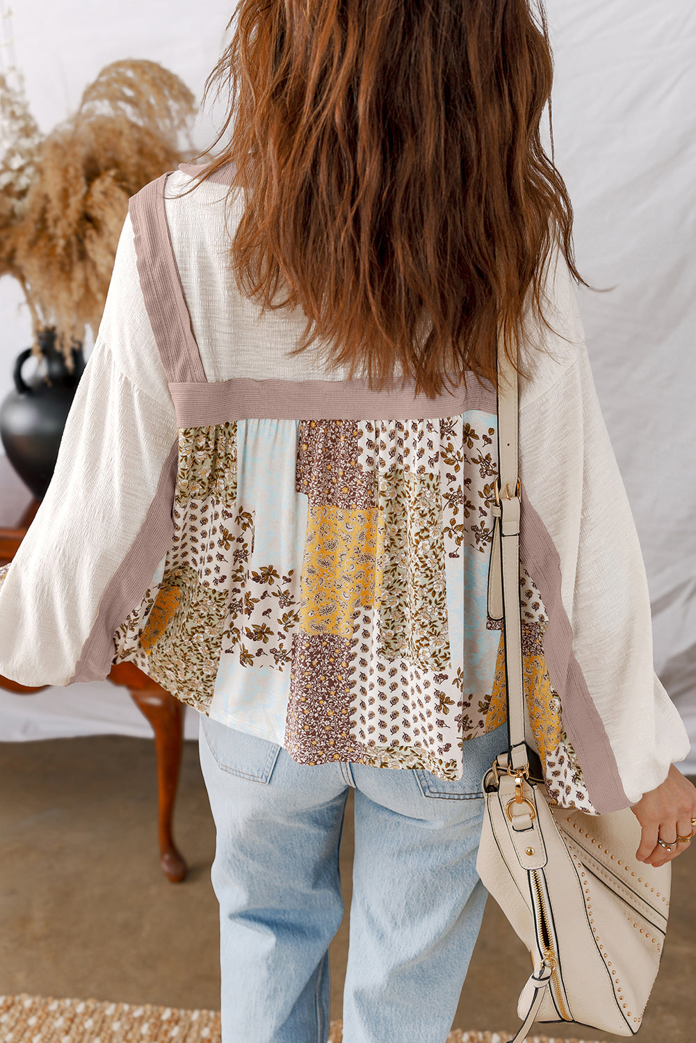 Floral Printed Contrast Patchwork Cotton Long Sleeve Top