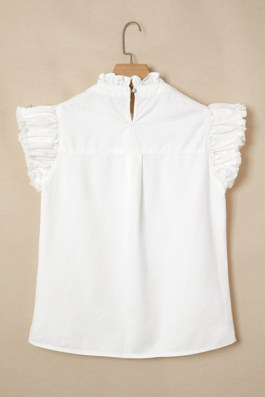 White Frilled Collar Flutter Sleeve Denim Top