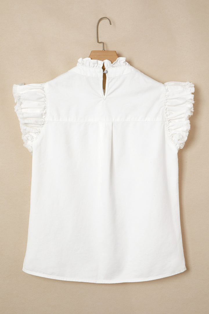 White Frilled Collar Flutter Sleeve Denim Top