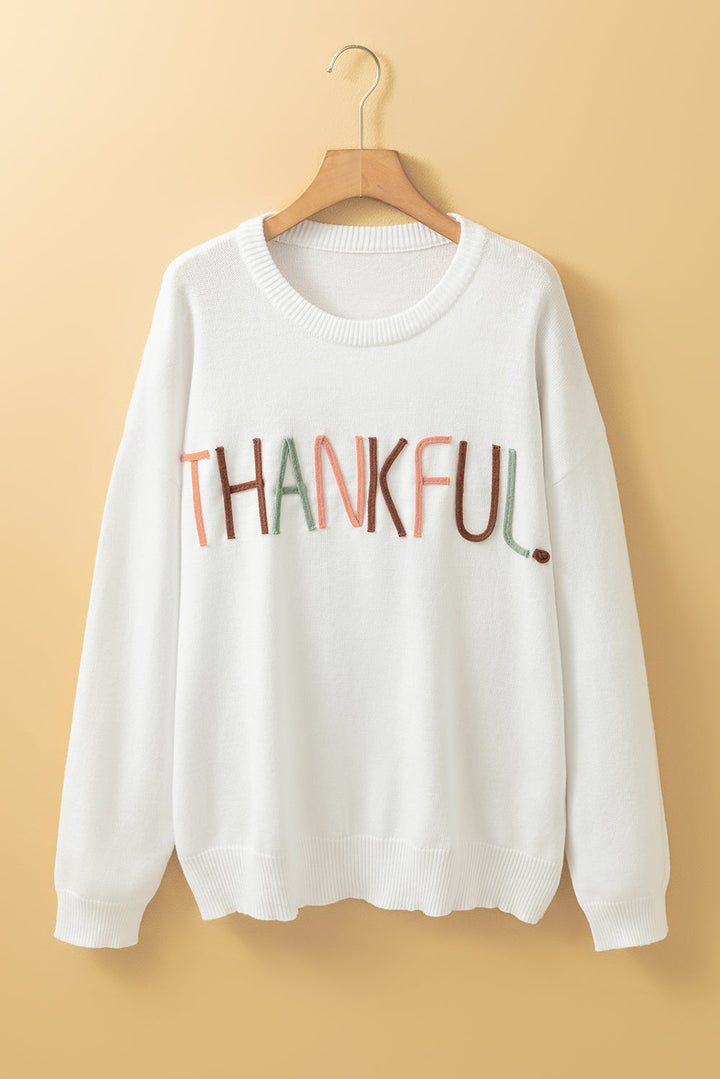Plus Size Thankful Ivory Embroidered Sweater