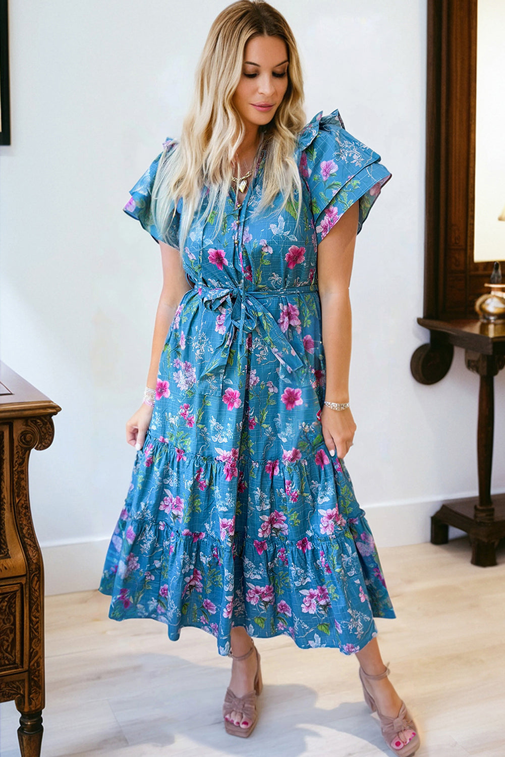 Floral Flutter Sleeve Button Tie Split Neck Belted Long Dress