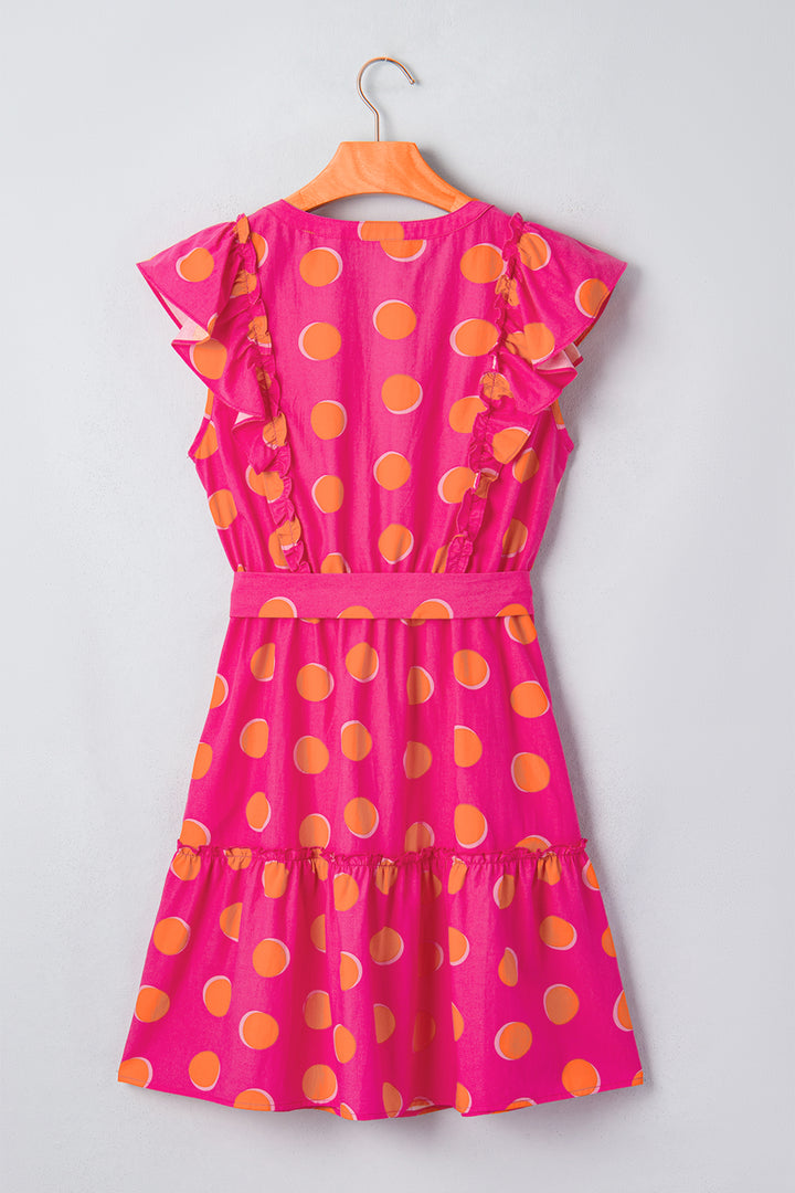 Rose Double Polka Dot V Neck Ruffled Short Sleeve Short Dress