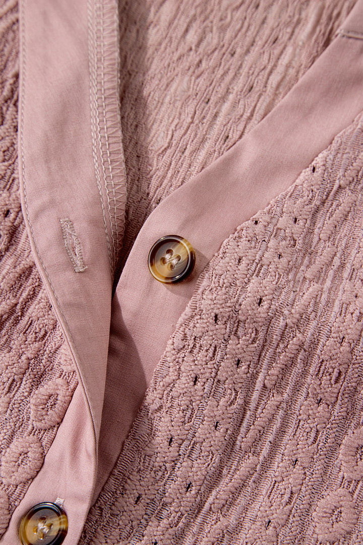 Textured Embroidered Half Buttons Short Sleeve Blouse