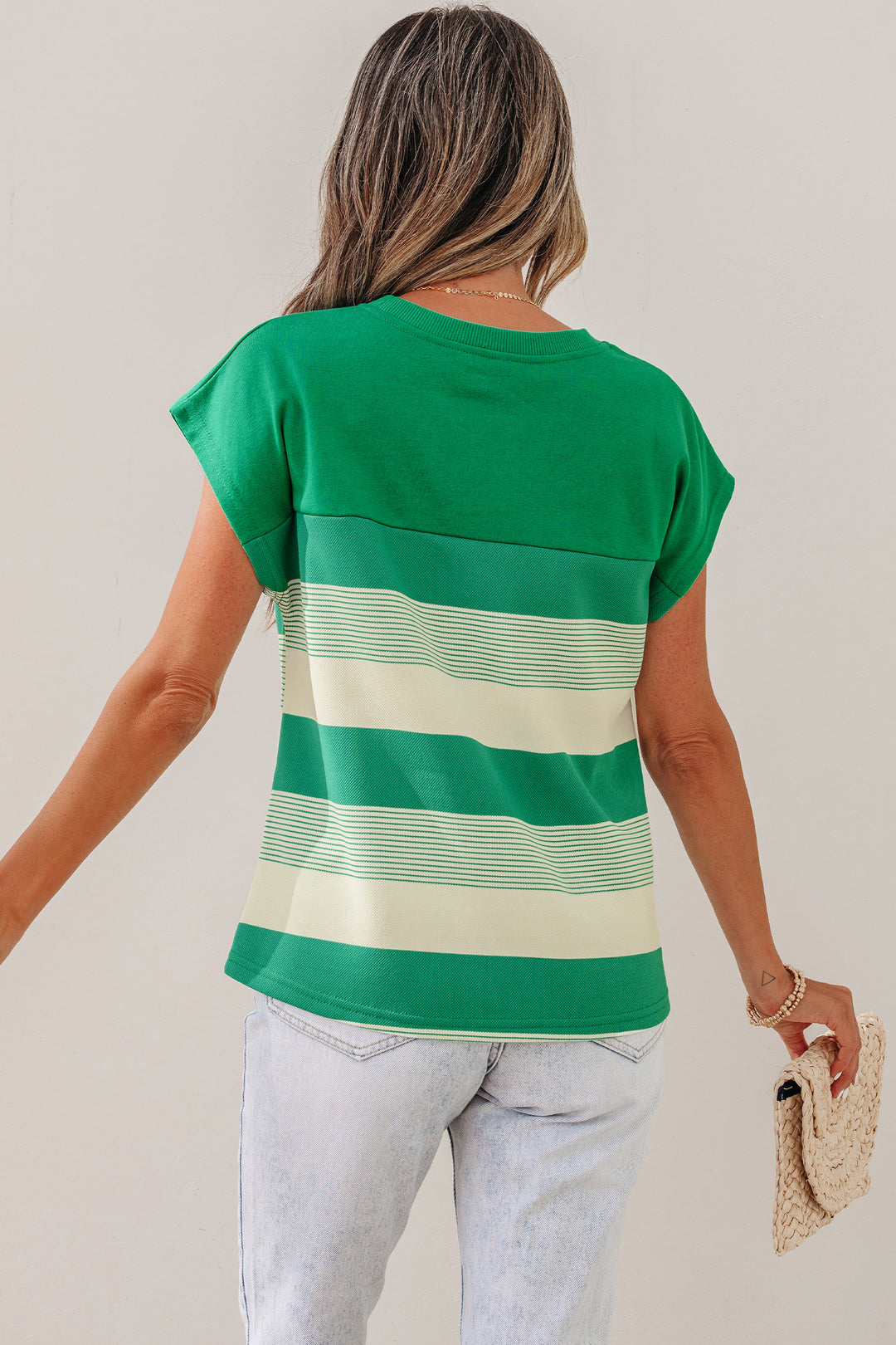 Classic Green Stripe Mixed Print Crew Neck Cap Sleeve T Shirt