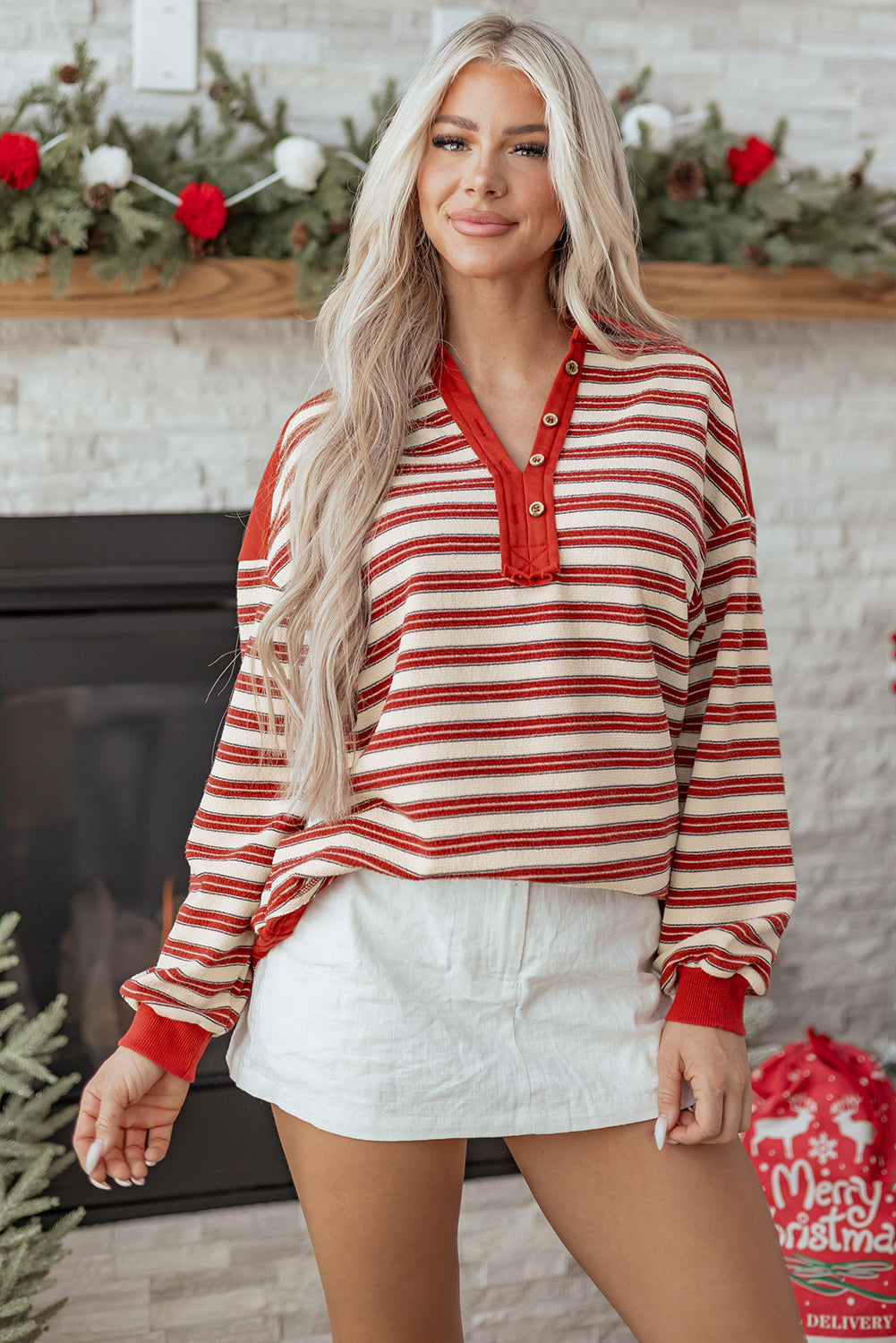 Buttoned V Neck Collared Drop Shoulder Top