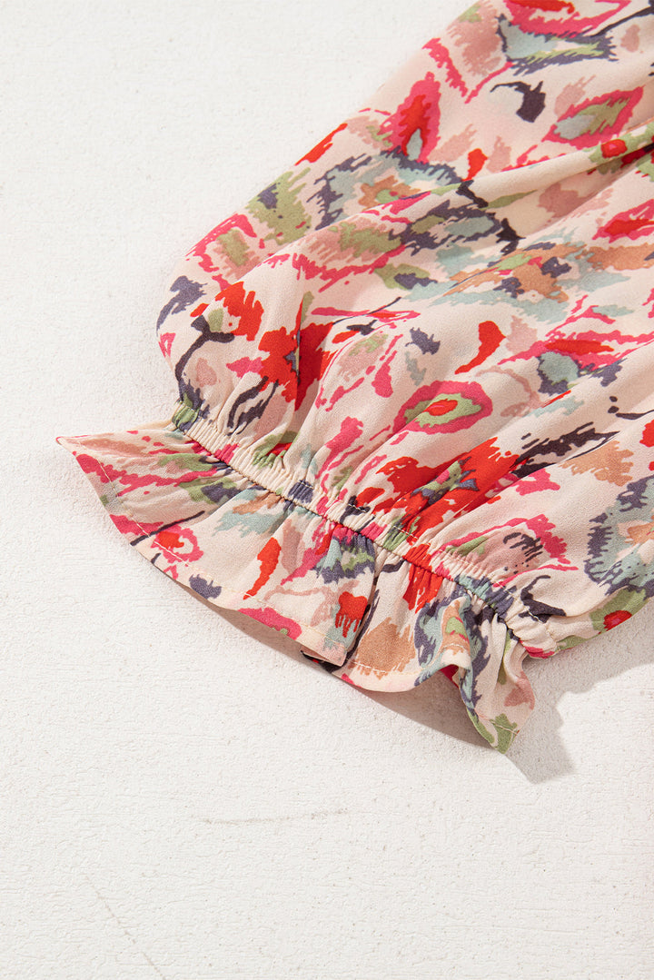 floral print frilled neck puff sleeve high waist dress