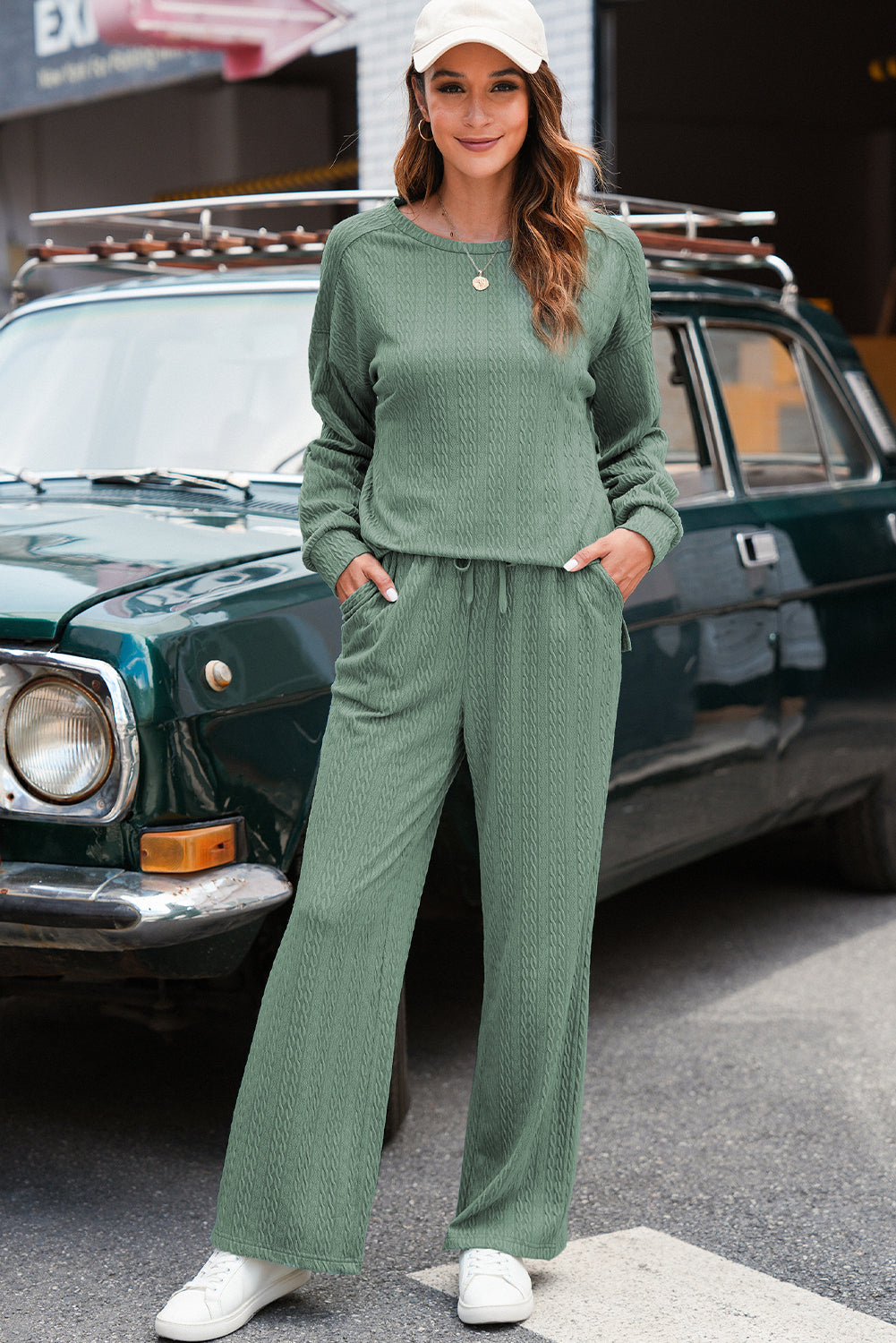 Smoke Green Textured Round Neck Sweatshirt &amp; Loose Drawstring High Waist Pant Set