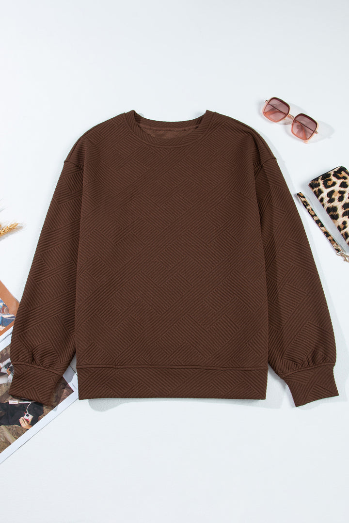Coffee Solid Color Textured Round Neck Drop Shoulder Pullover Sweatshirt
