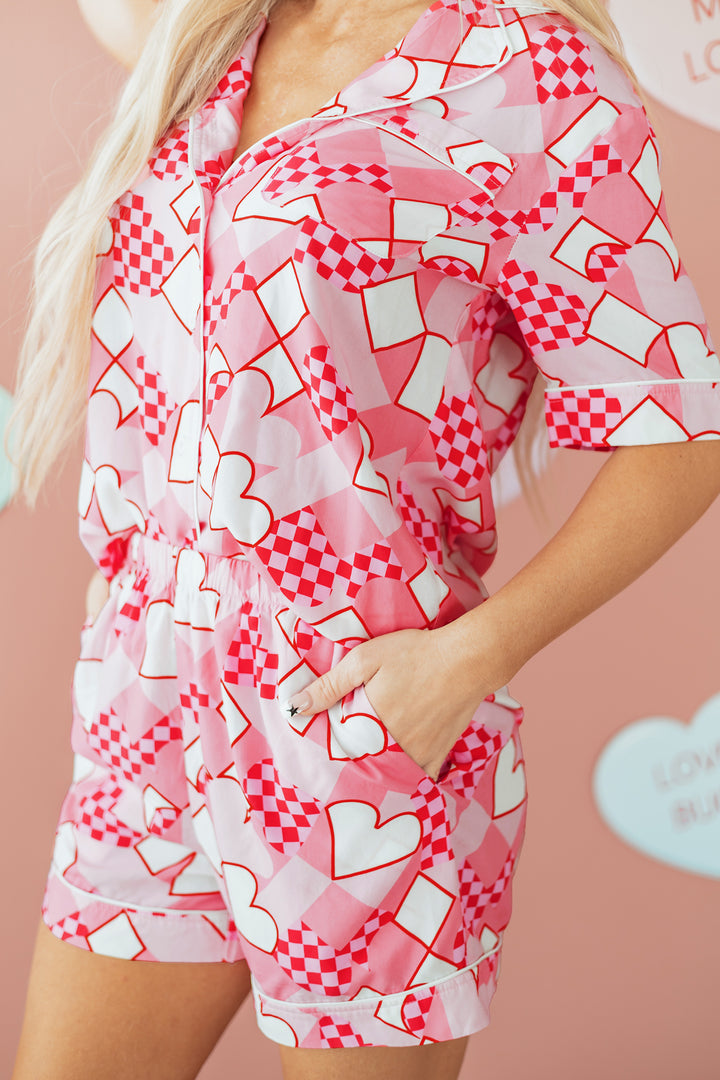 Pink Heart Print Shirt Style Silky Short Pajama Set