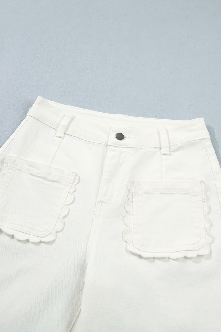 White Solid Color Scalloped Patch Pocket Shift Jeans