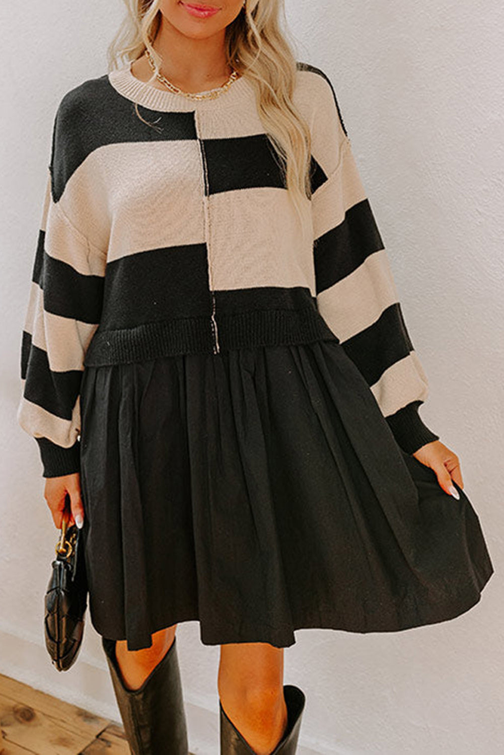 Black Stripe Two in One Knitted Top Splicing Hem Sweater Dress