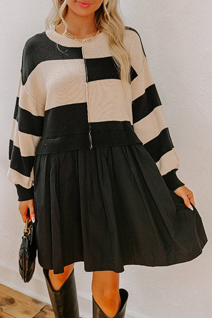 Black Stripe Two in One Knitted Top Splicing Hem Sweater Dress