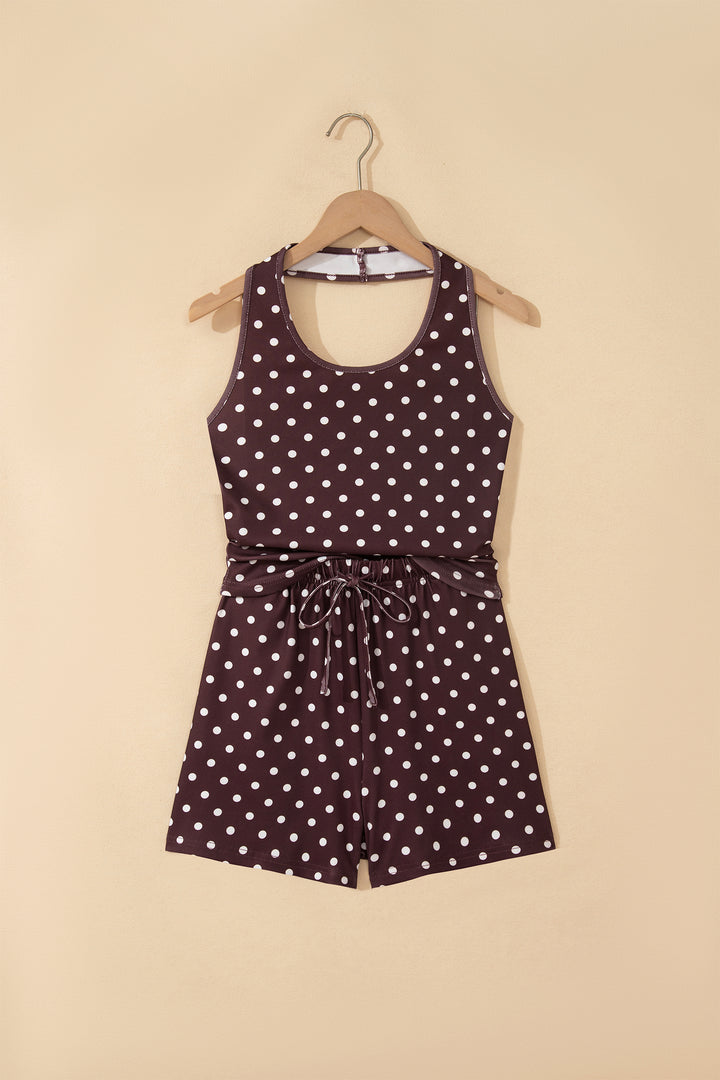 Brown Polka Dot Halter Tank Drawstring Elastic Waist Short Set