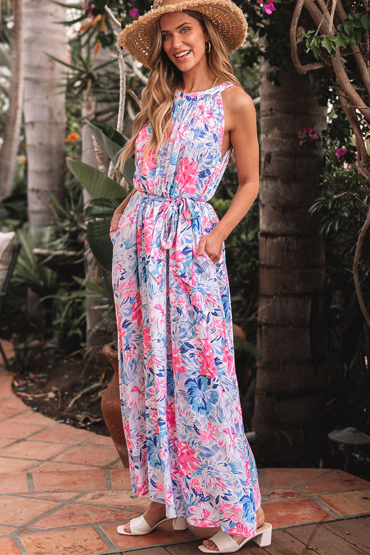 Floral Printed Sleeveless O Neck Knot Waist Maxi Dress