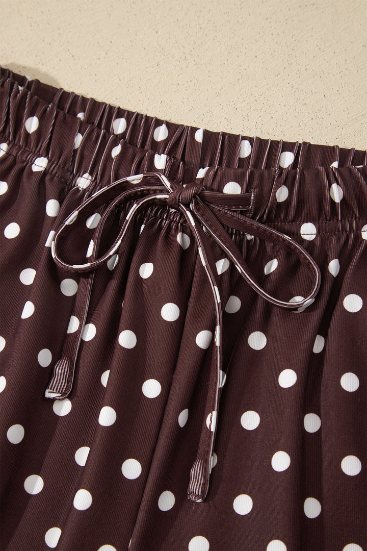 Brown Polka Dot Halter Tank Drawstring Elastic Waist Short Set