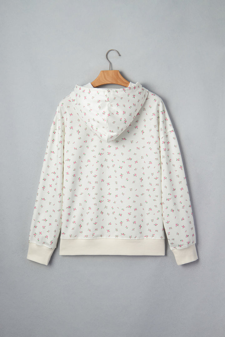 White Floral Print Ribbing Drawstring Hem Long Sleeve Hoodie
