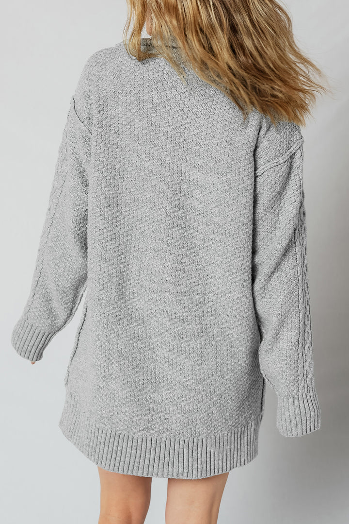 High Cable Knit Quarter Zip Ribbed Trim Loose Sweater Dress