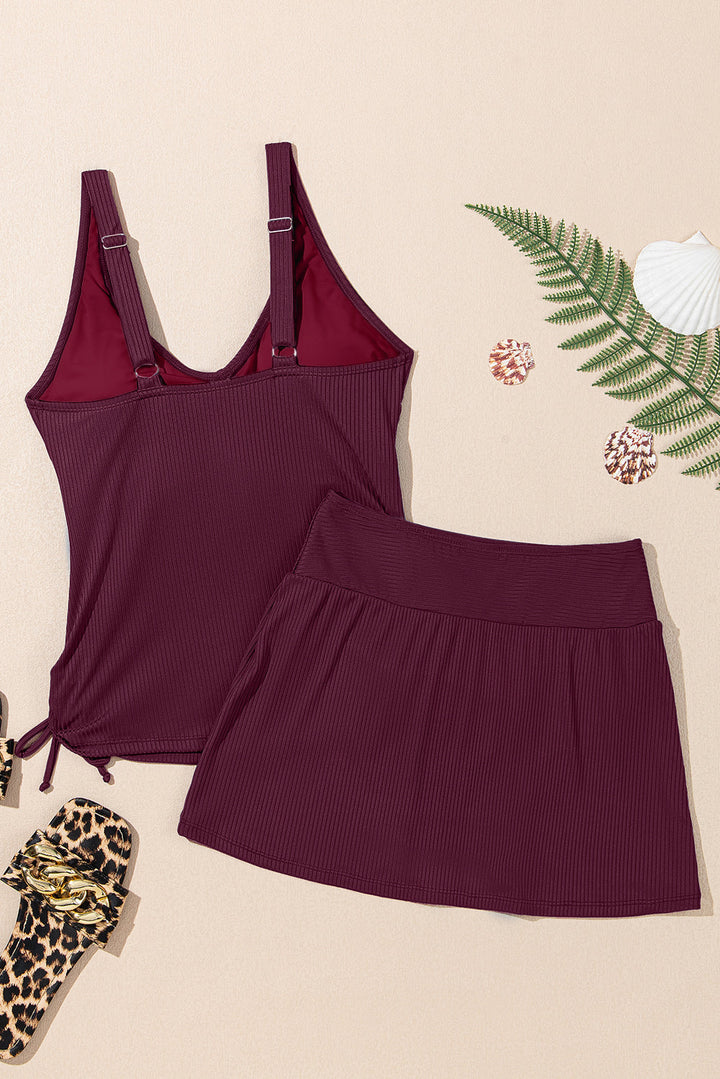 Burgundy Ribbed Knit Crossed Detail Tank Skort 2pcs Swimsuit