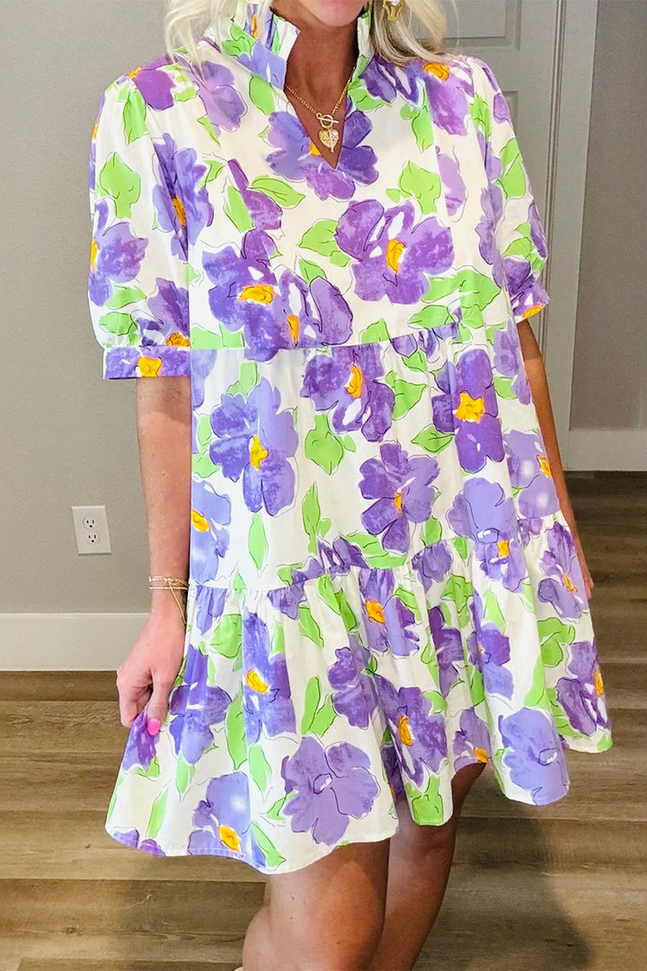 Purple Floral V Collar Short Sleeve Tiered Ruffle Mini Dress