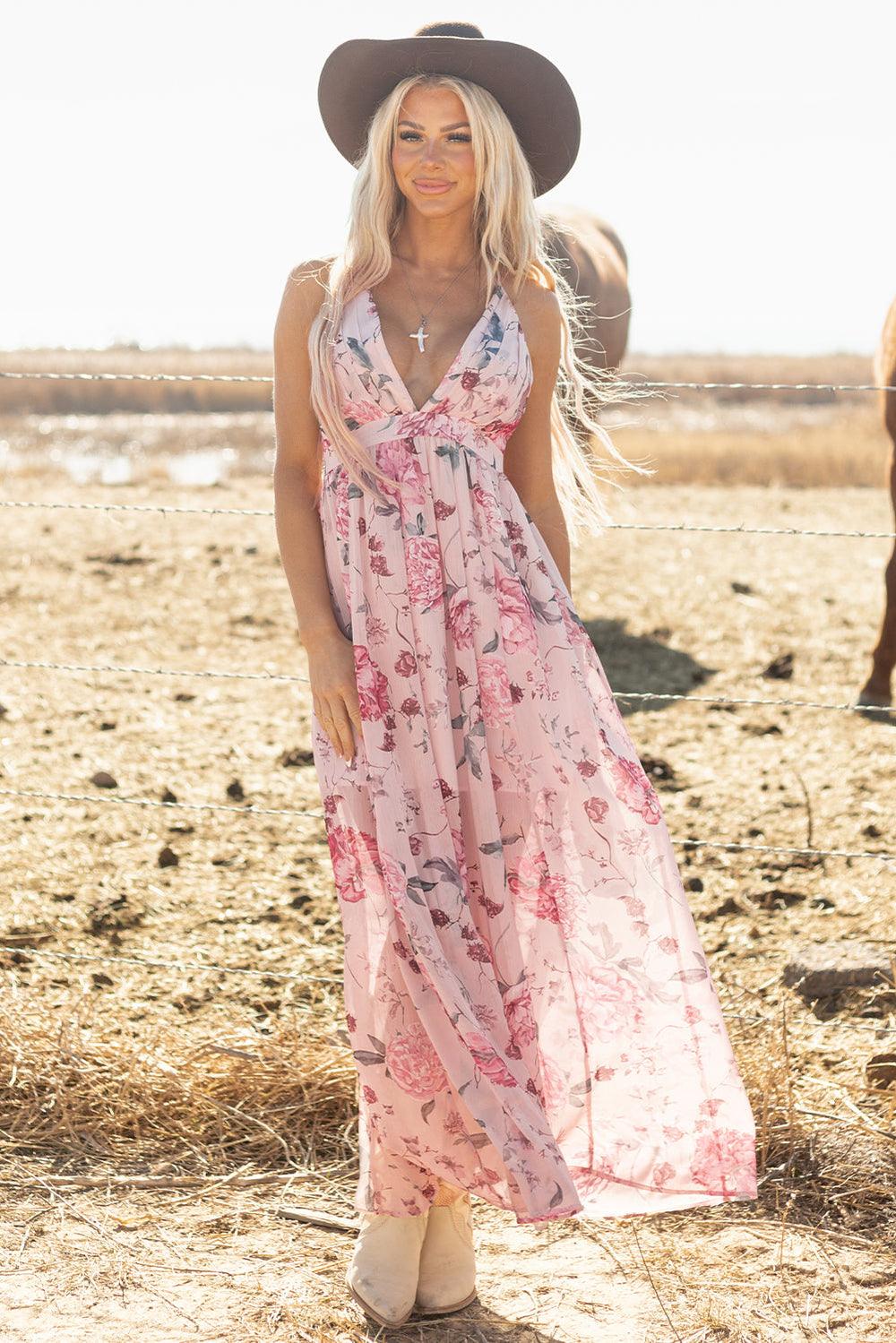 Floral Pleated Bust Deep V Empire Waist Backless Maxi Dress