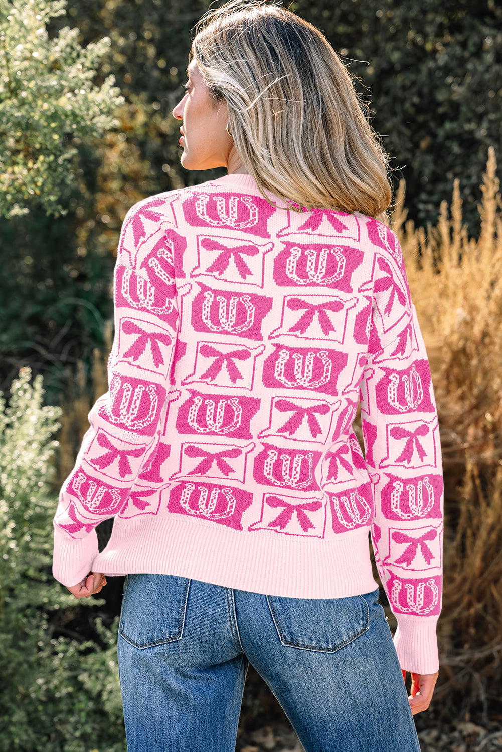 Pink Bows &amp; Horseshoes Pattern Western Fashion Print Sweater