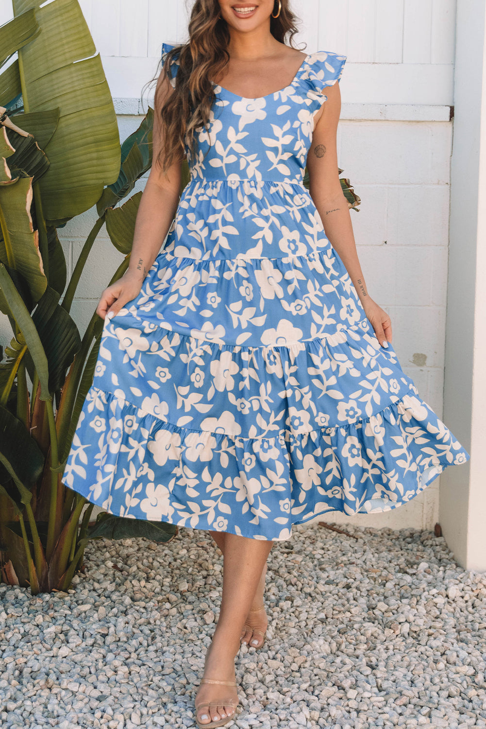 floral u neck flutter shoulder tiered flowy midi dress