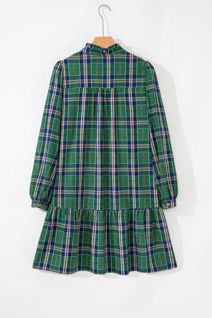 Plaid Print Frilly Collar Long Sleeve Shift Mini Dress