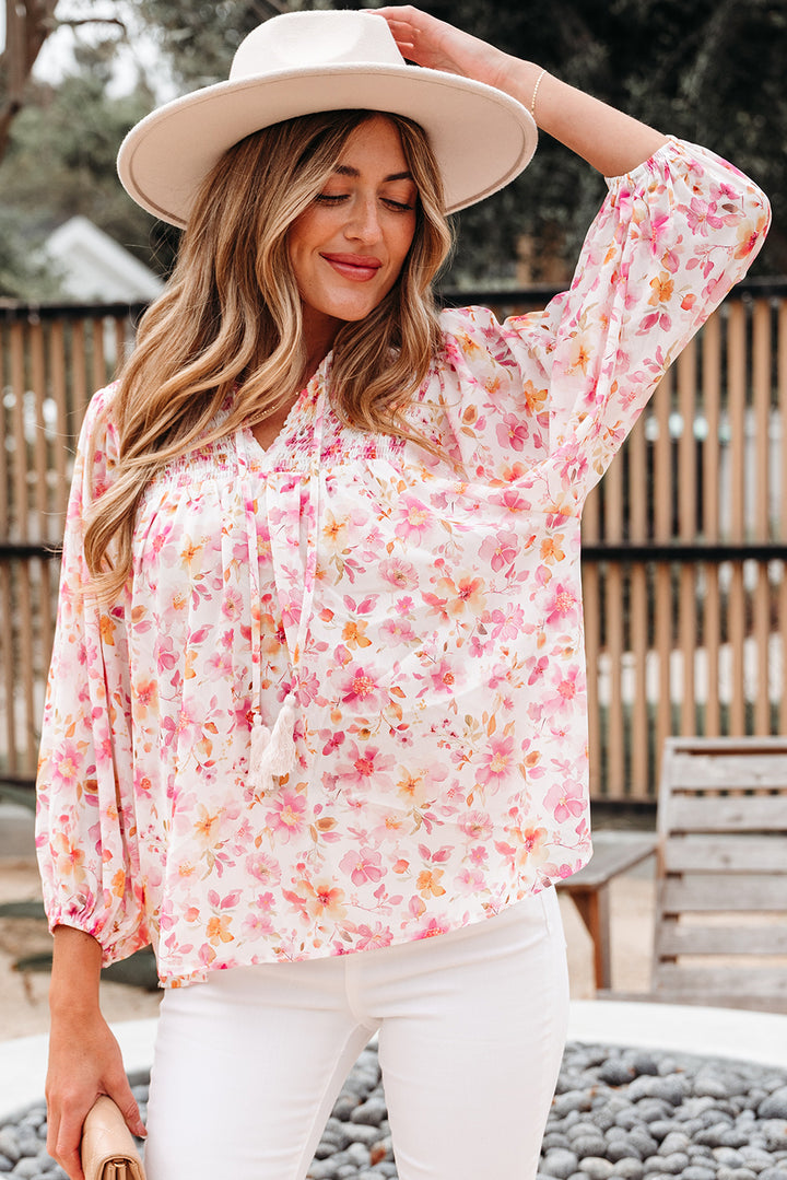 Floral Print Tassel Tie Smocked V Neck Puff Sleeve Tunic Blouse