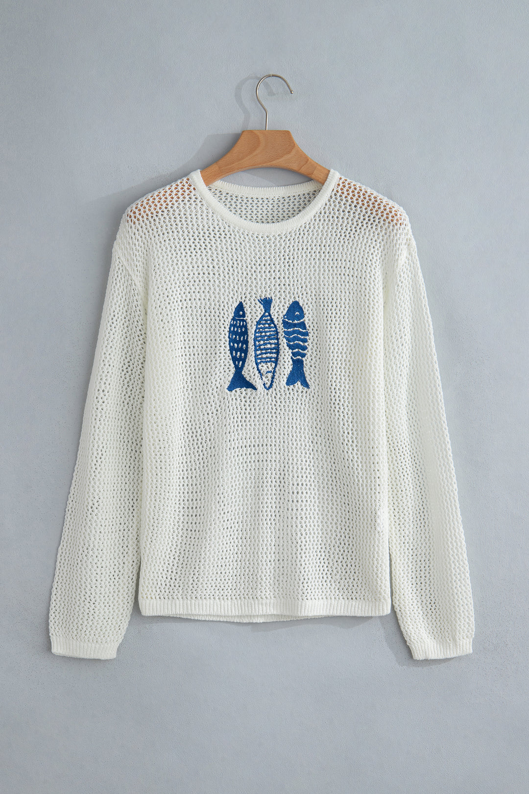 White Open Knit Fish Embroidered Casual Sweater