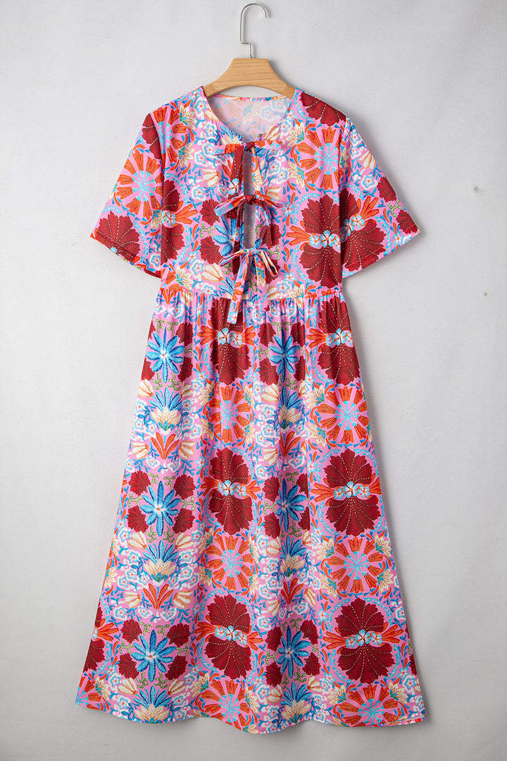Floral Tied Front High Waist Short Sleeve Loose Long Dress