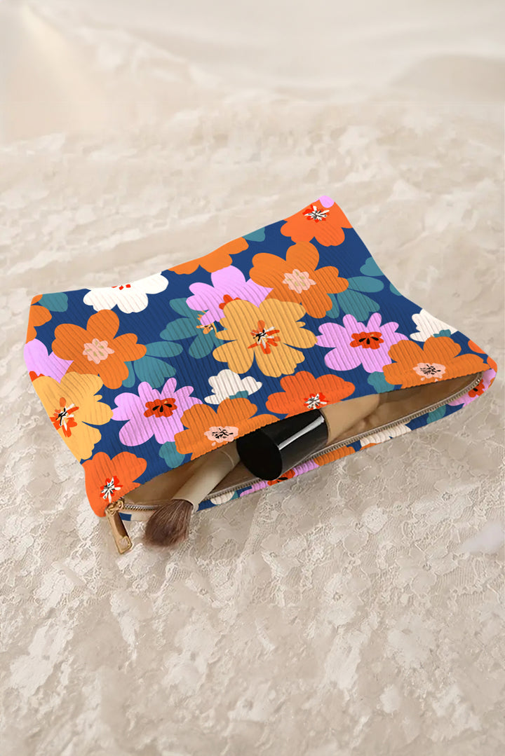 Flower Print Zipper Corduroy Large Cosmetic Bag