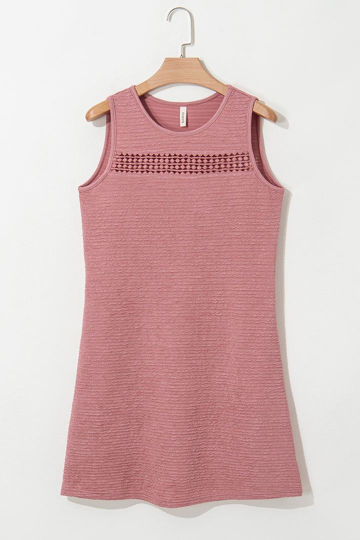 Sepia Rose Solid Color Textured Lace Hollowed Detail Sleeveless Mini Dress