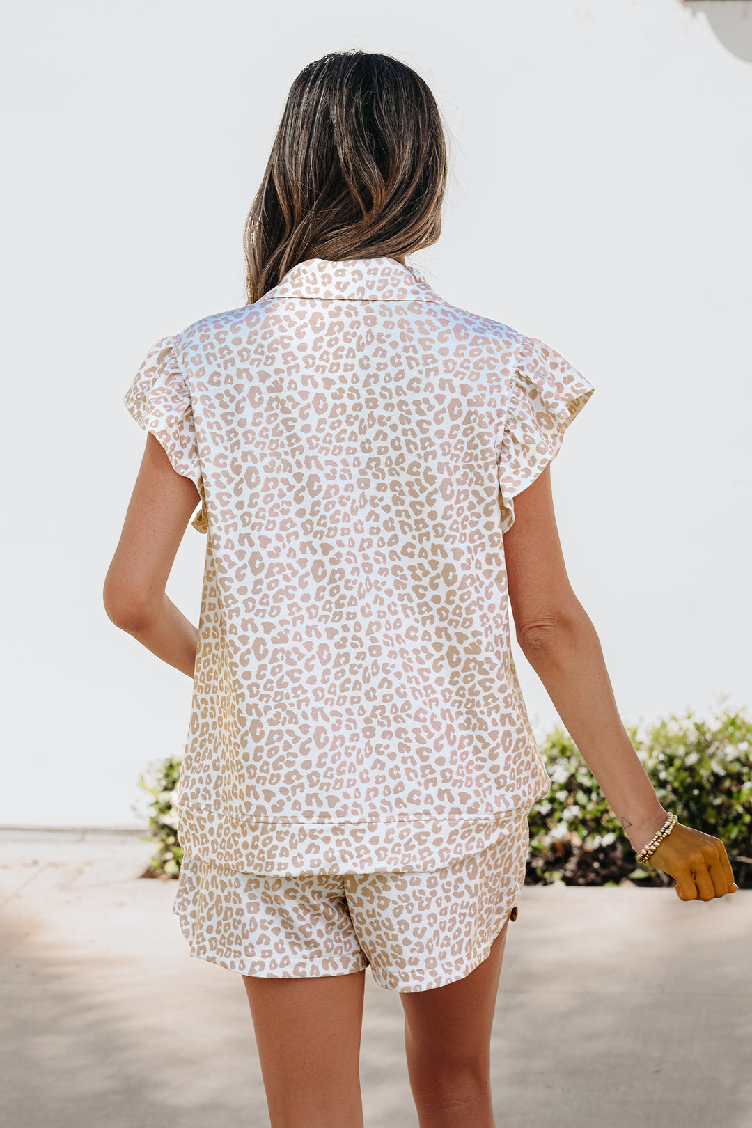 Beige Leopard Zip Polo Top 2pcs Short Set