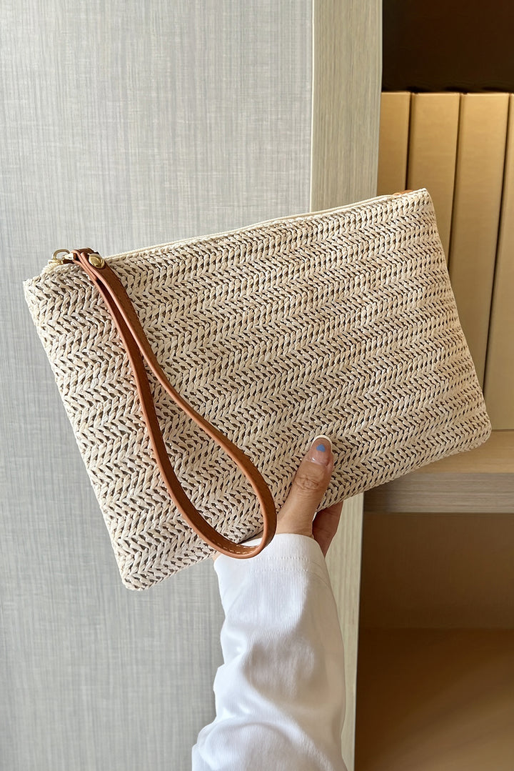 Straw Woven Wrist Strap Zipper Large Wallet