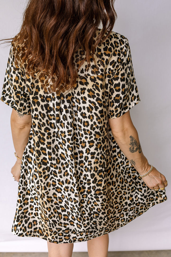 Half Buttons Short Sleeve Loose Leopard Mini Dress with Pockets