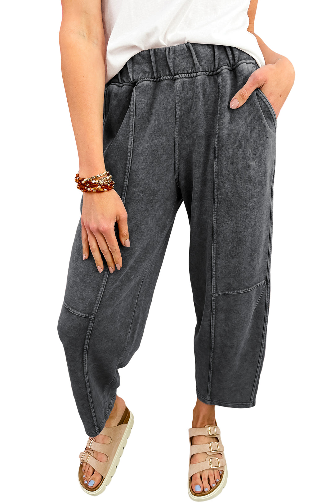 Carbon Grey Mineral Wash Seam Detail Elastic Waist Barrel Pants