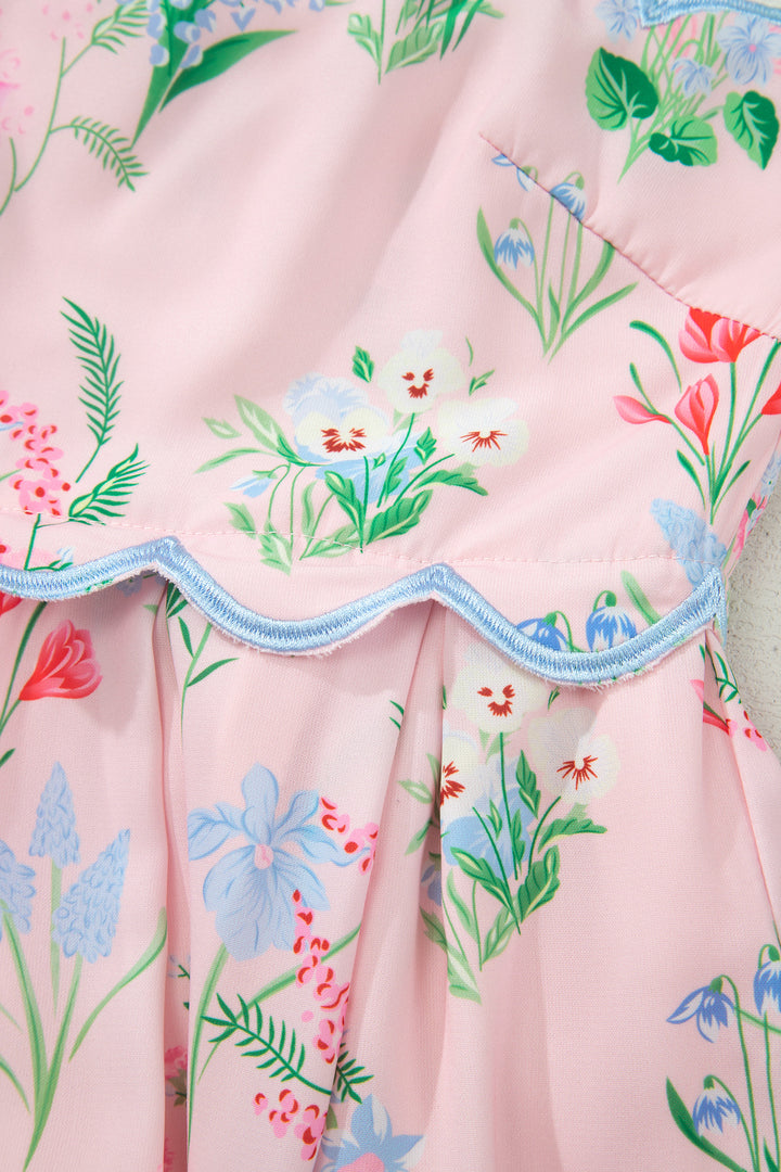 Pink Floral Print Contrast Trim Self-tie Straps High Waist Midi Dress