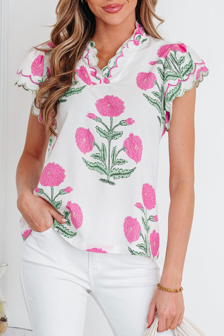 Wild Flower Print Contrast Trim Scallop Detail Short Sleeve Blouse
