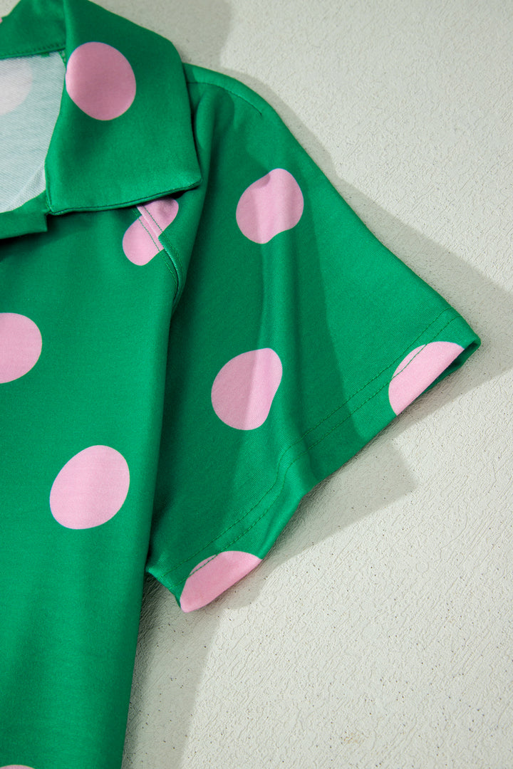 Green Polka Dot Print V Neck Tee Short Set