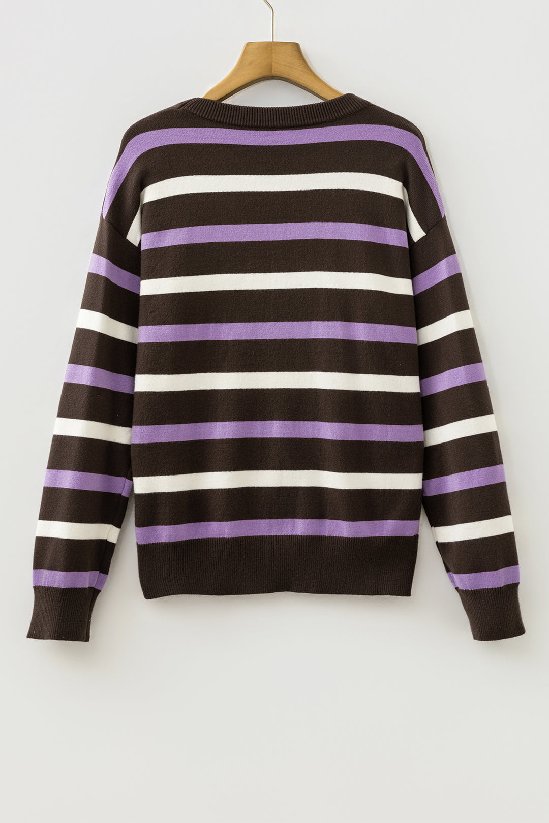 Brown Stripe Embroidered Detail Drop Shoulder Pullover Sweater