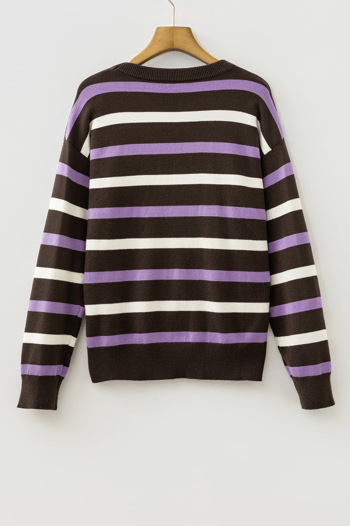 Brown Stripe Embroidered Detail Drop Shoulder Pullover Sweater