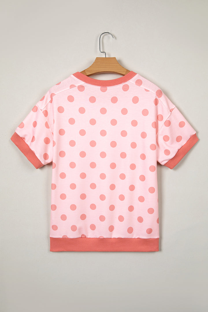 Pink Color Block Trim Polka Dot Casual Tee