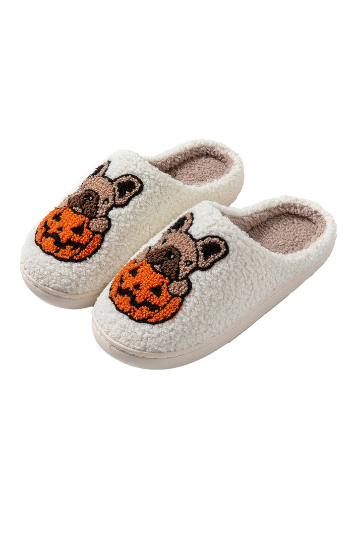 Flauschige Hausschuhe mit Halloween-Hunde-Kürbis-Muster