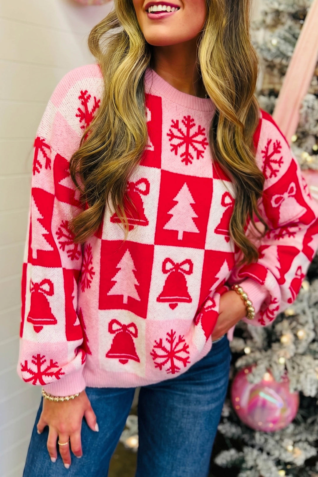 Pink Christmas Plaid Pullover Round Neck Long Sleeve Casual Fit Tunic Knitwear Sweater