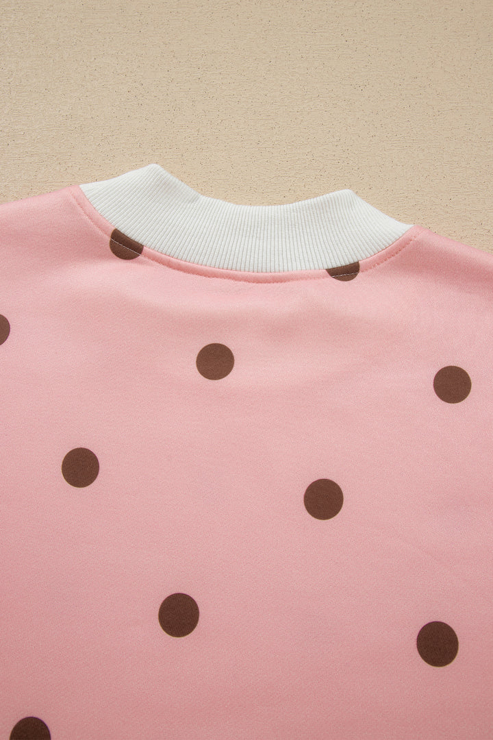 Pink Polka Dot Ribbed Trim Long Sleeve Top Casual Short Set