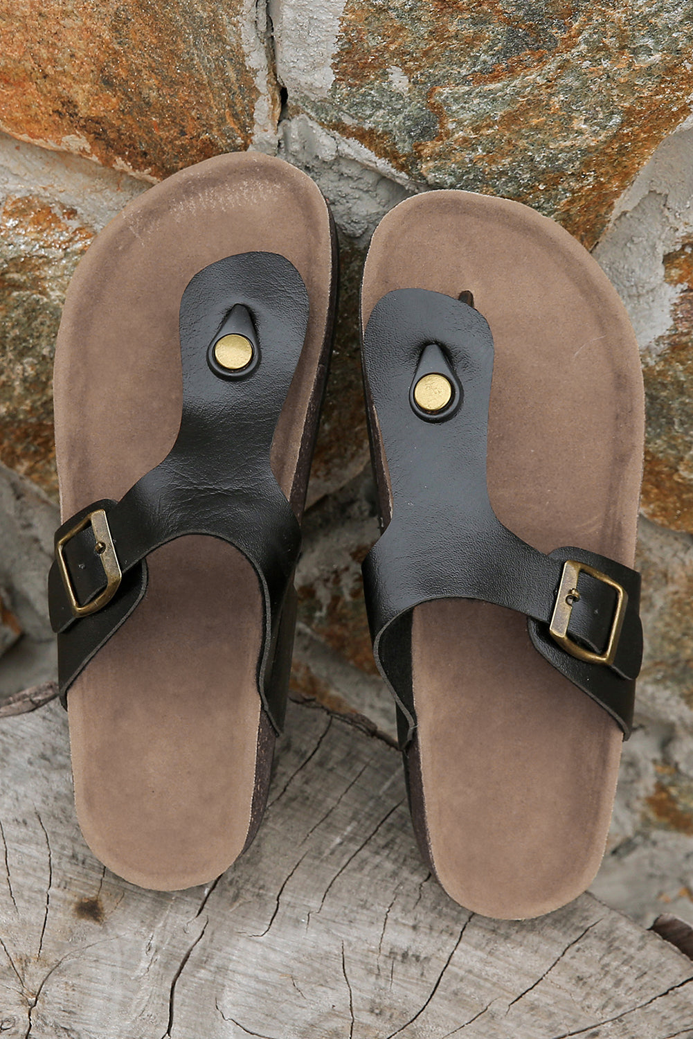 Vintage Buckle PU Leather Thong Slippers