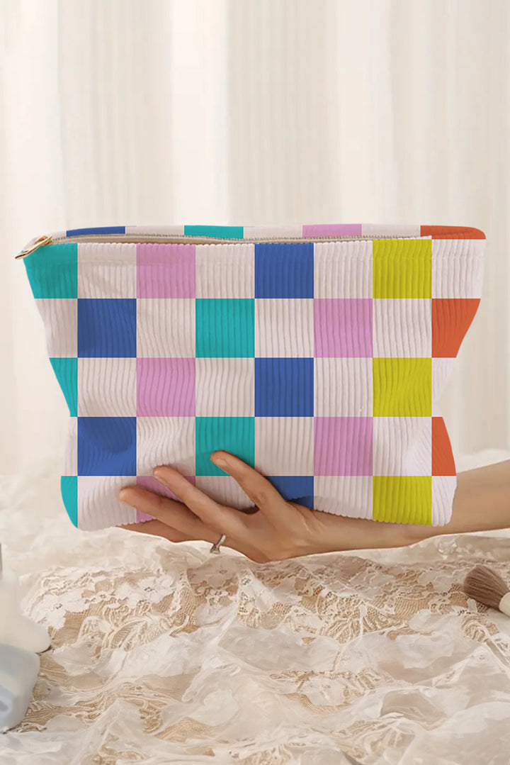 Color Block Checkered Zipper Corduroy Cosmetic Bag