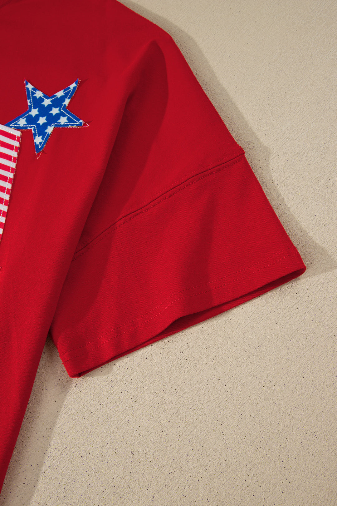 Fiery Red Patriotic USA Slogan Patch Embroidery Short Sleeve T Shirt